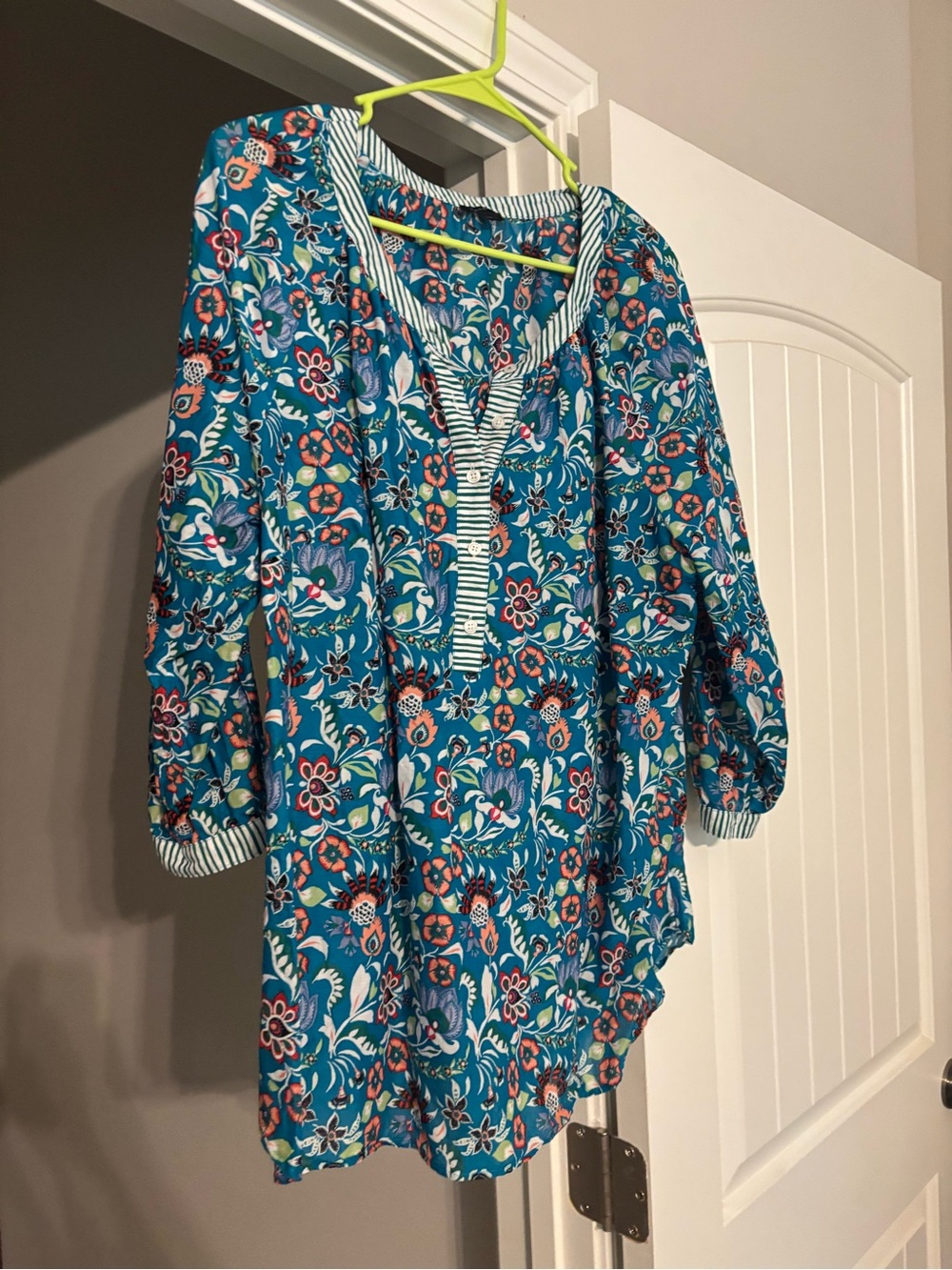Talbots Teal Floral Tunic Blouse with Striped Placket